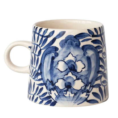 10 oz Hand-Painted Stoneware Mug - Cream | Blue