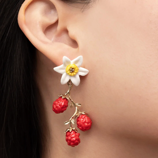 Daffodil Flower & Red Berries Pendant Earrings