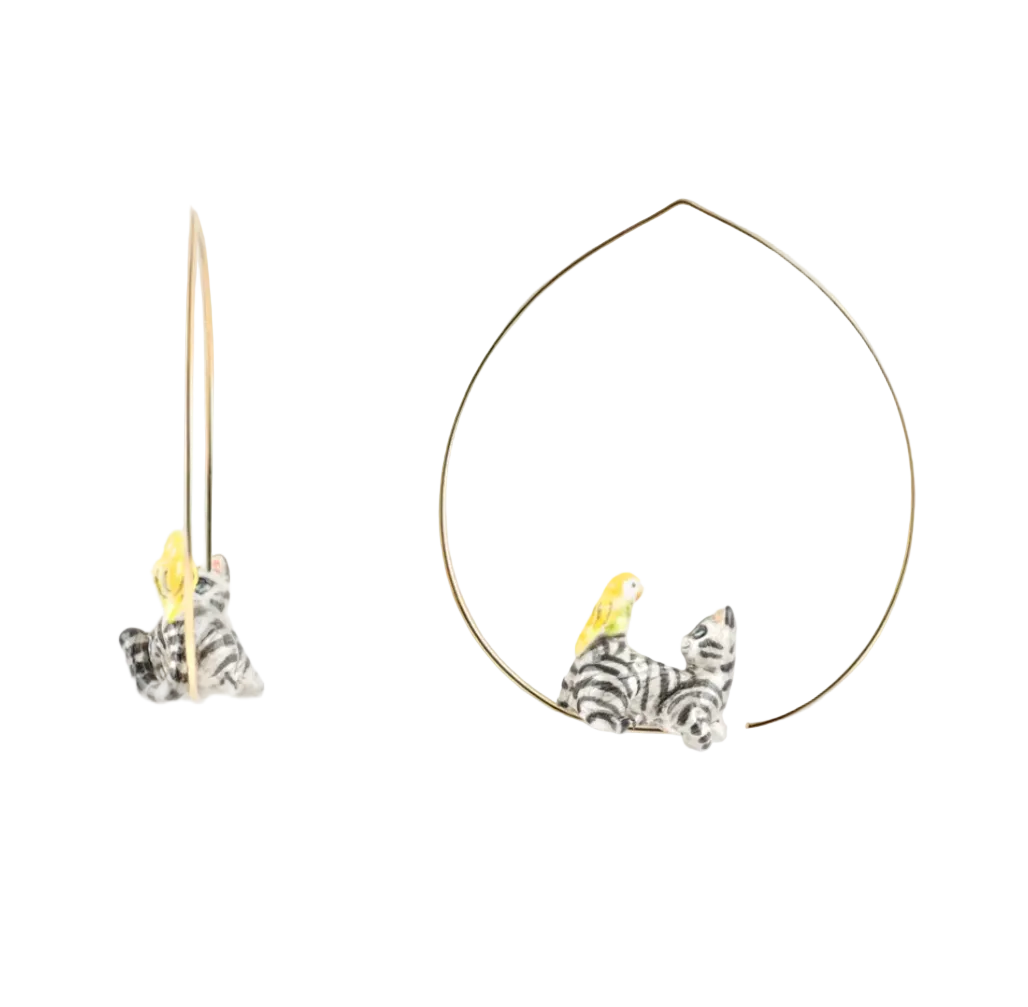 Tabby Grey Cat & Bird Hoop Earrings