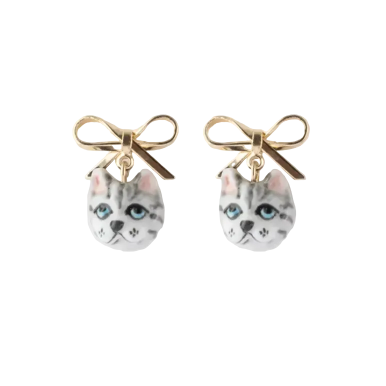 Bow & Tabby Grey Cat Head Stud Earrings