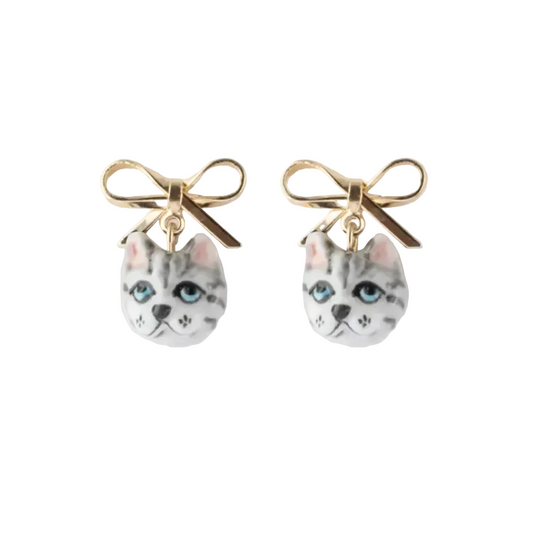 Bow & Tabby Grey Cat Head Stud Earrings
