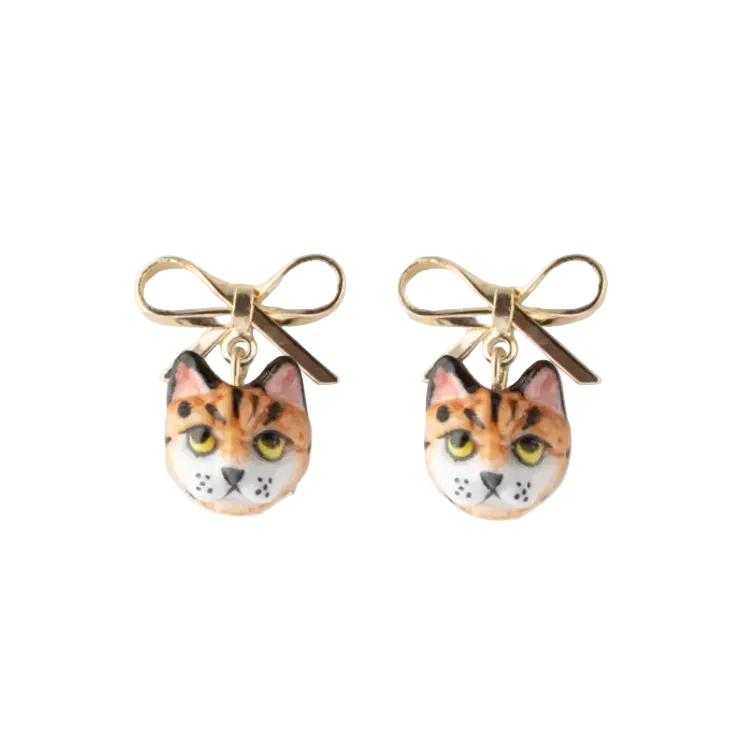 Bow & Bengal Cat Head Stud Earrings