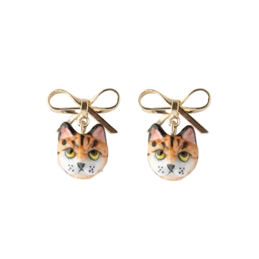Bow & Bengal Cat Head Stud Earrings