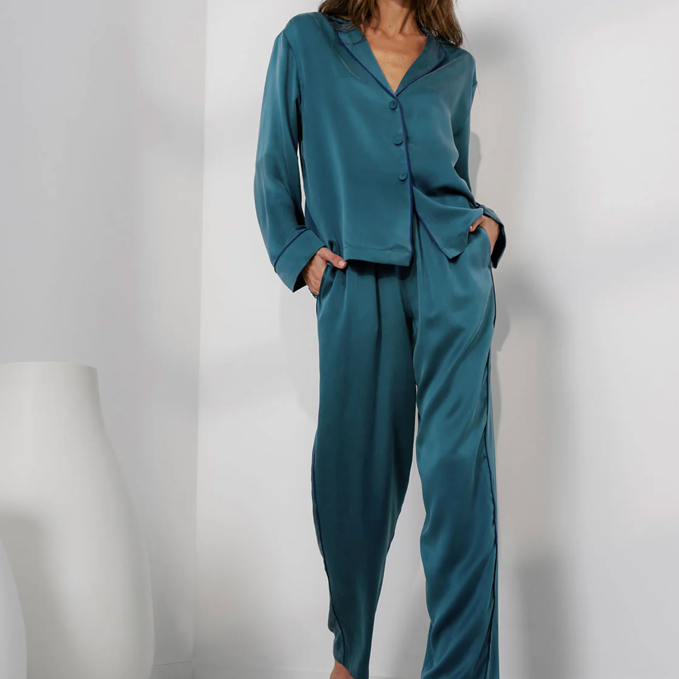 Washable Silk Piped Long Sleeve Pant Set - Piquant Teal/Lazing Navy