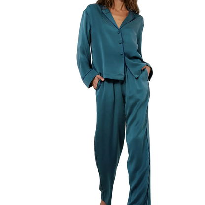 Washable Silk Piped Long Sleeve Pant Set - Piquant Teal/Lazing Navy