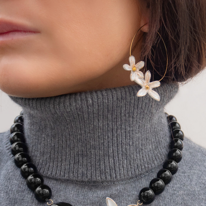 White Erine Flowers Hoop Earrings