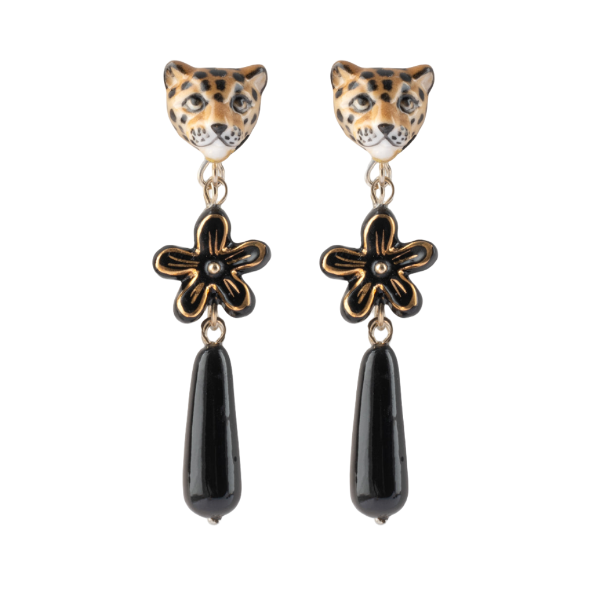 Black Panther Head & Dangling Erine Flower Earrings