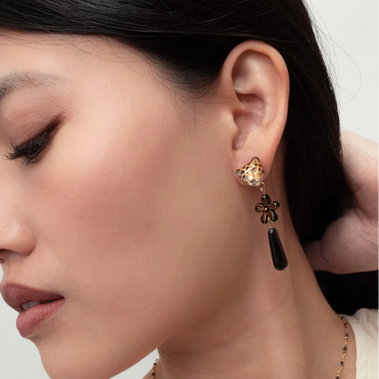 Black Panther Head & Dangling Erine Flower Earrings