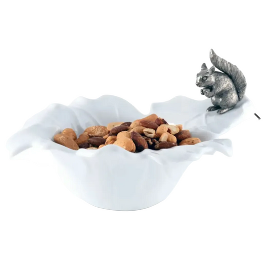 Fine Porcelain Leaf Bowl with Pewter Squirrel