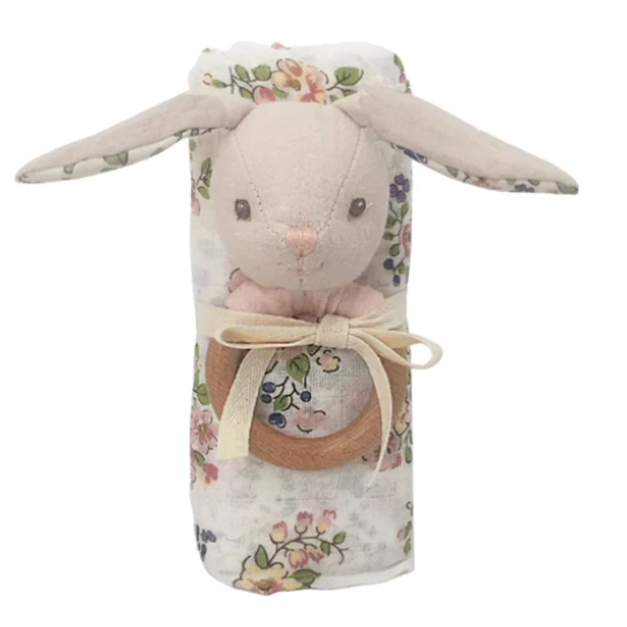 Floral Muslin and Bunny Wood Rattle Gift Set