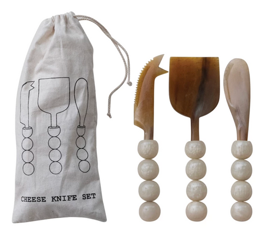 Natural Horn Cheese Knives with Resin Handles - Set of 3