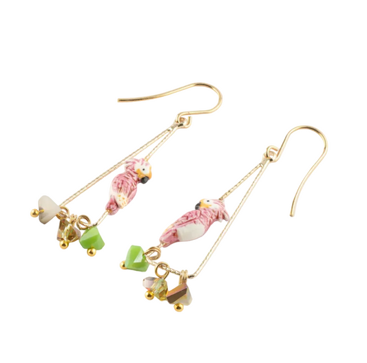 Pink Cockatoo with Multicolor Beads Triangle Earrings