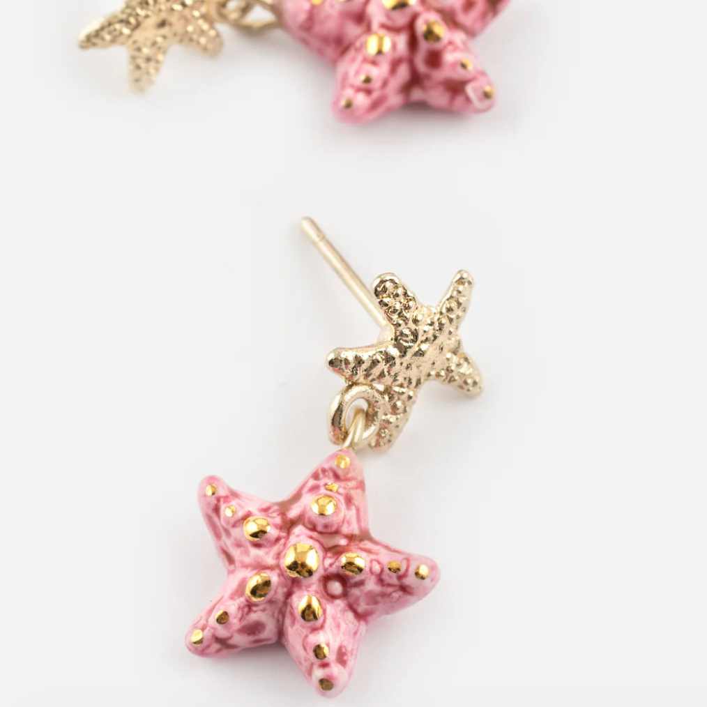 Starfish Pendant Earrings - Gold & Pink