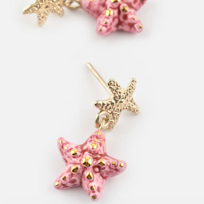 Starfish Pendant Earrings - Gold & Pink