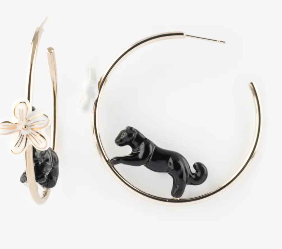 Leaping Black Panther on Half-Moon Earrings