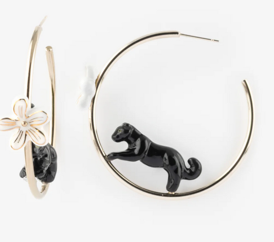 Leaping Black Panther on Half-Moon Earrings