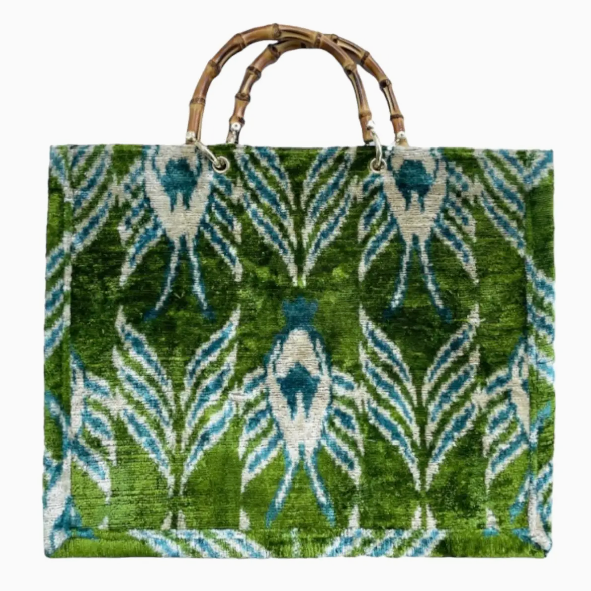 Silk Velvet Ikat Large Tote Bag with Bamboo Handle
