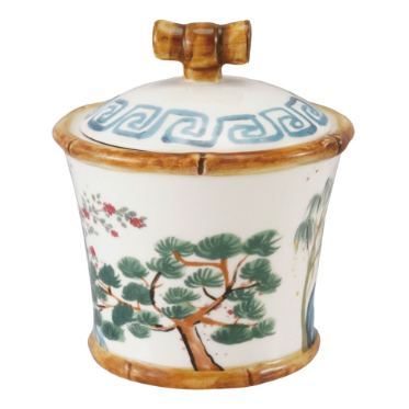 Hand-Painted Stoneware Sugar Pot with Lid w/ Bamboo Style Edges