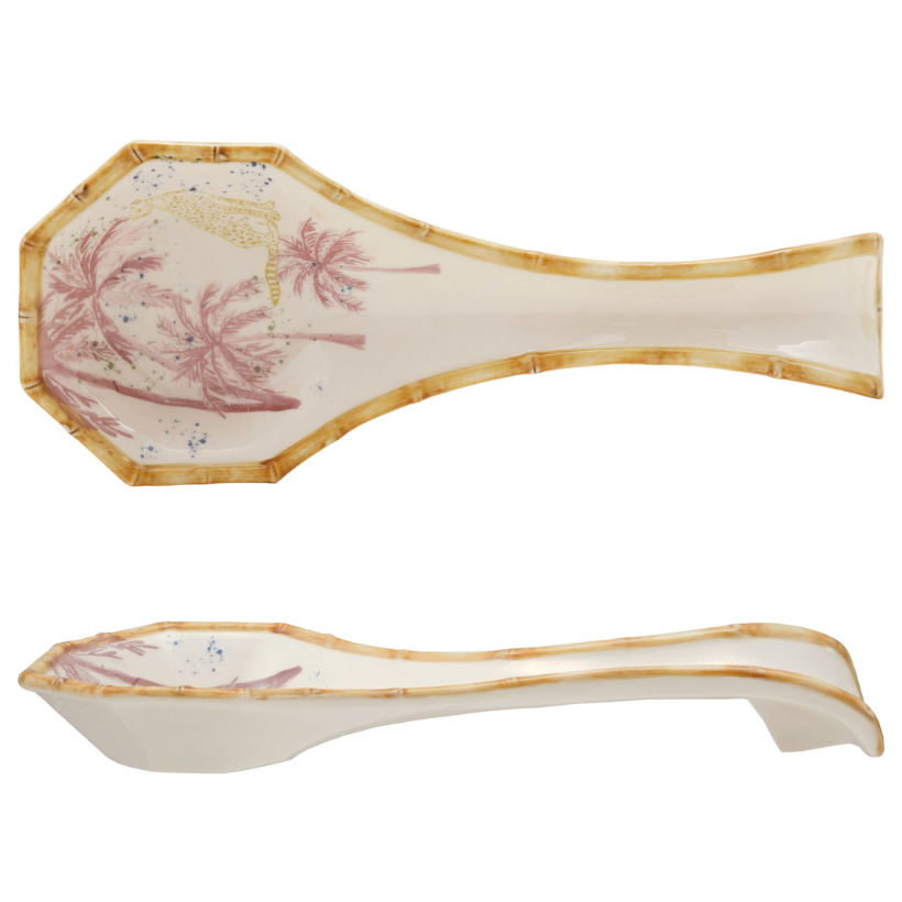 Hand-Painted Stoneware Spoon Rest w/ Palm Trees & Cheetah