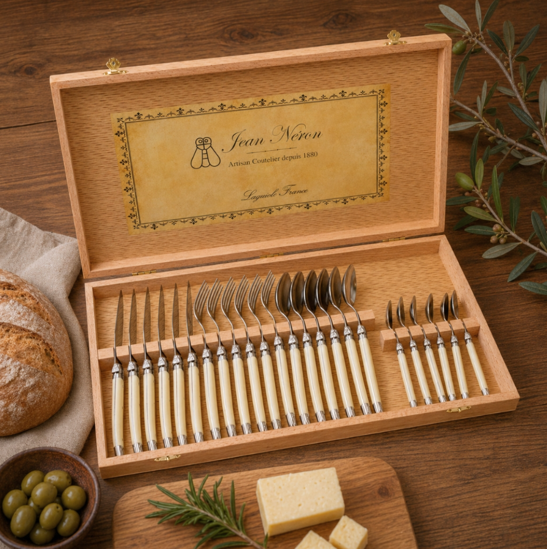 Laguiole 24 Piece Flatware Set, Ivory in Wood Presentation Box