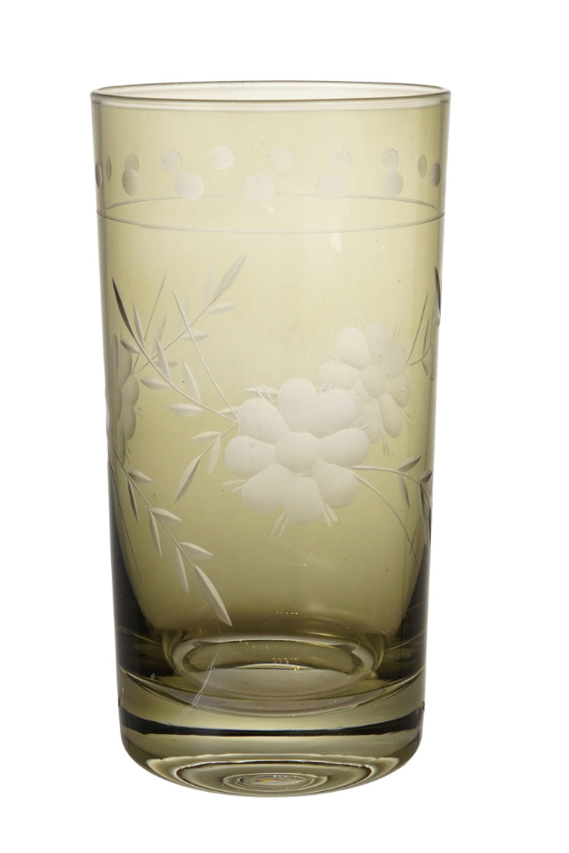 14 oz. Drinking Glass with Etched Botanicals - Green