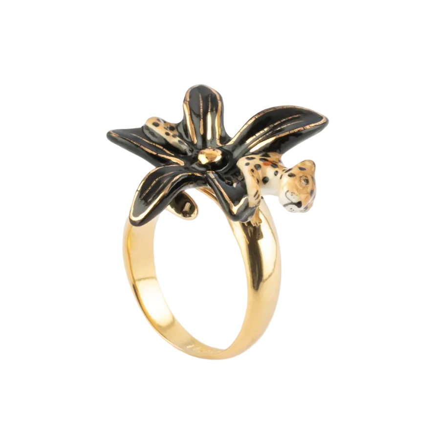 Black Erine Flower & Leopard Ring
