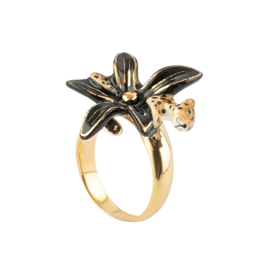 Black Erine Flower & Leopard Ring