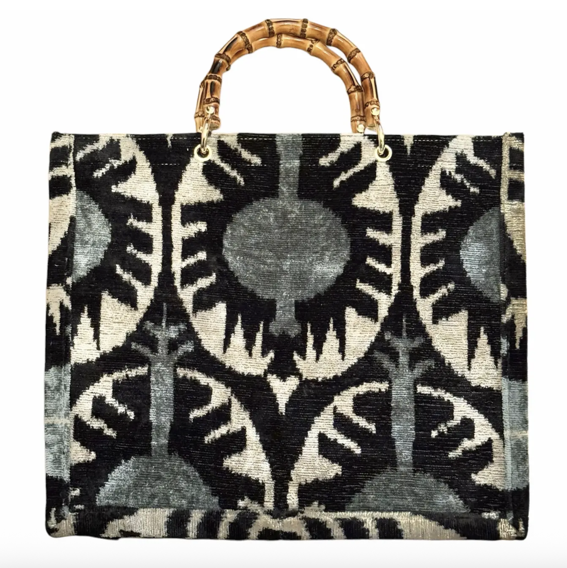 Silk Velvet Ikat Large Tote Bag with Bamboo Handle