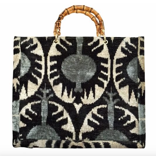 Silk Velvet Ikat Large Tote Bag with Bamboo Handle