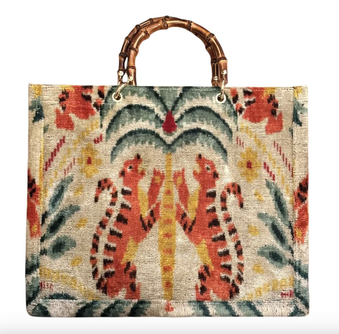 Silk Velvet Ikat Large Tote Bag with Bamboo Handle