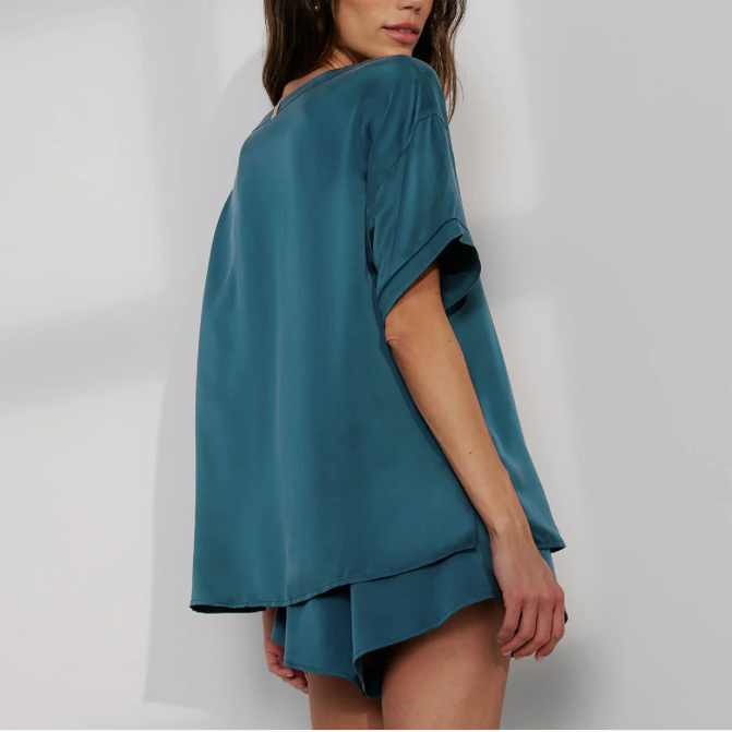 Washable Silk Piped Tee Short Set - Piquant Teal/Lazing Navy