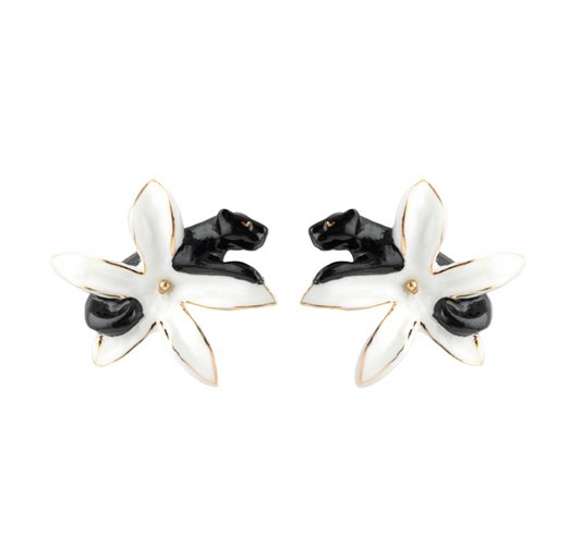 Black Panther & White Erine Flower Stud Earrings