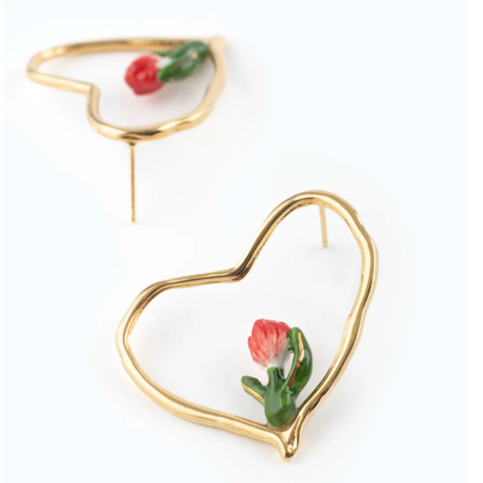 Red Tulip Heart Earrings