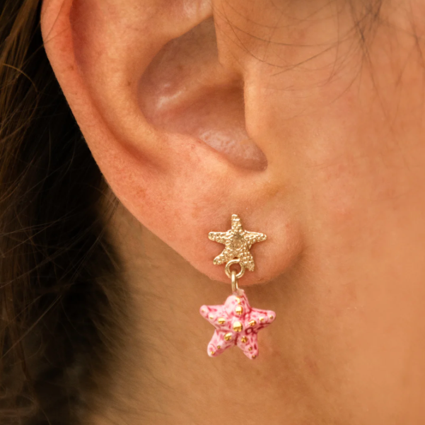 Starfish Pendant Earrings - Gold & Pink