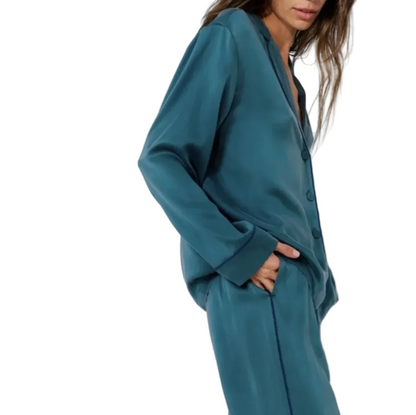 Washable Silk Piped Long Sleeve Pant Set - Piquant Teal/Lazing Navy