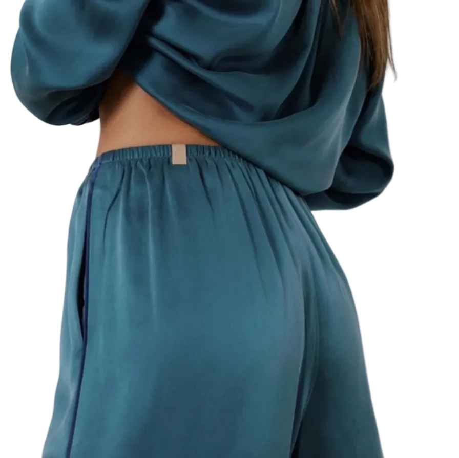 Washable Silk Piped Long Sleeve Pant Set - Piquant Teal/Lazing Navy