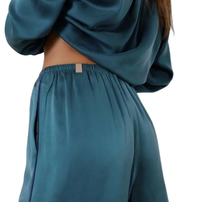 Washable Silk Piped Long Sleeve Pant Set - Piquant Teal/Lazing Navy