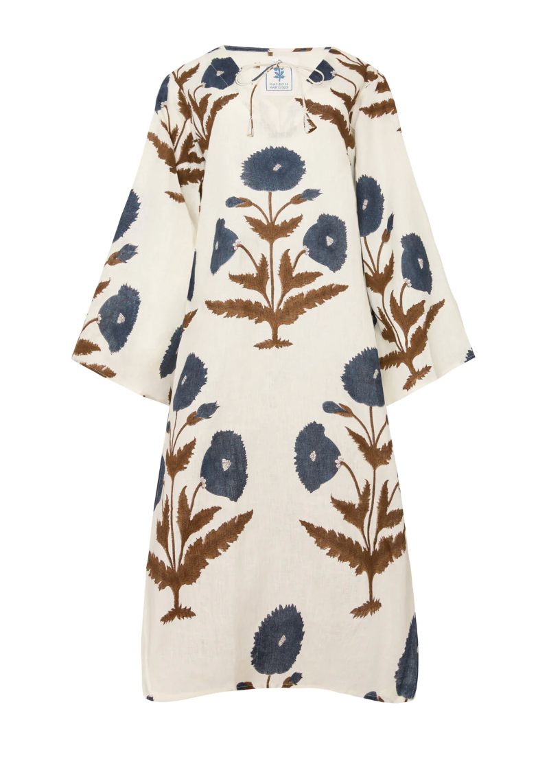 Doha Kaftan - Khaki | Navy Flower
