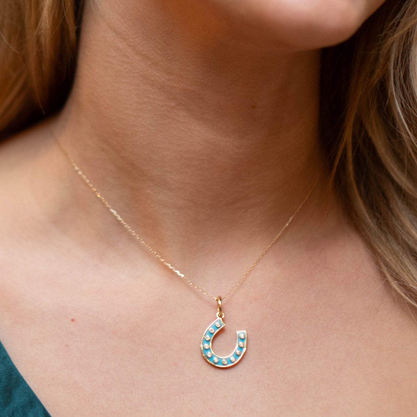 Turquoise and Bezel Diamond Horseshoe Charm