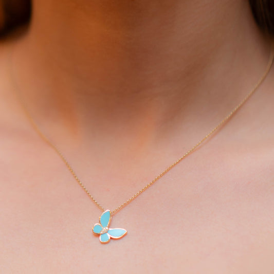 Turquoise and Diamond Butterfly Necklace