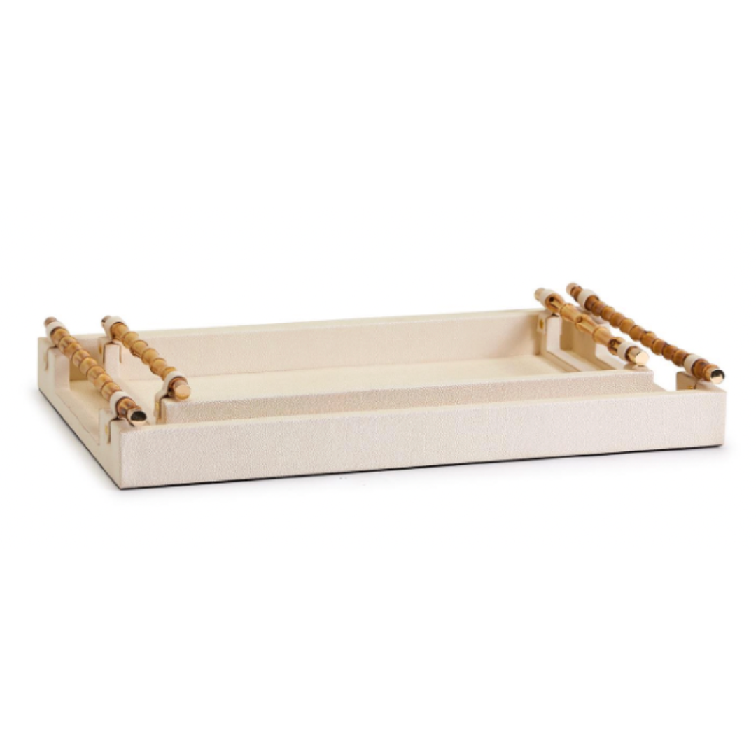 Cream Decorative Rectangle Tray W Bamboo Handles