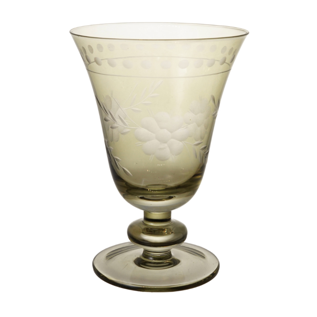 8 oz. Stemmed Wine Glass with Etched Botanicals - Green