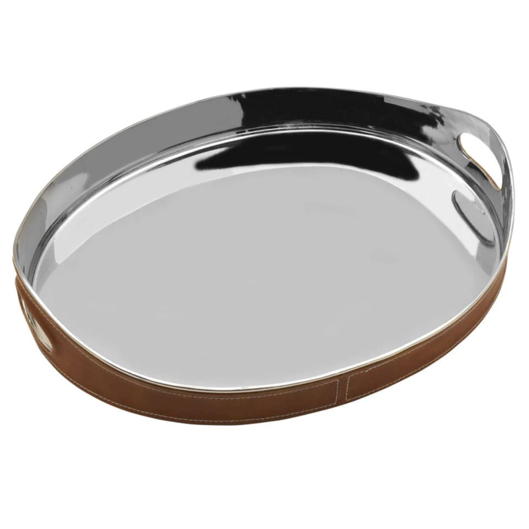 Leather Stitched Oval Serving Bar Tray