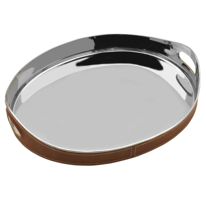 Leather Stitched Oval Serving Bar Tray