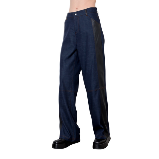Eco Denim Parachute Pant with Vegan Leather