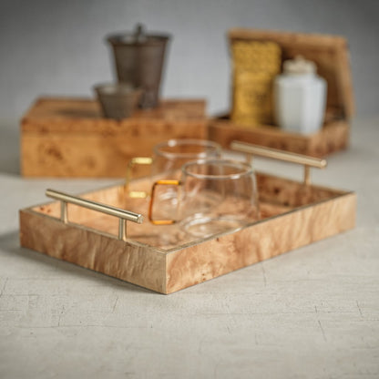 Burl Wood Tray w. Gold Handles