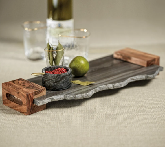 Marble Tray with Acacia Handles