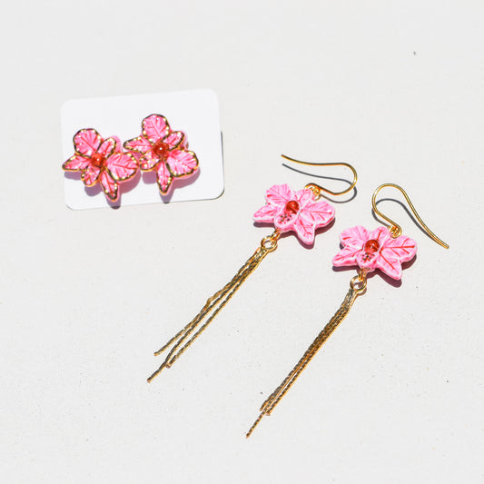 Golden String Pink Orchid Pendant Earrings