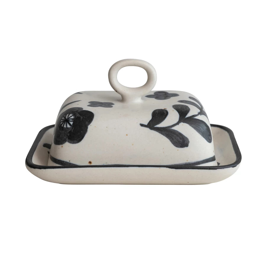 Hand-Painted Stoneware Butter Dish with Floral Design