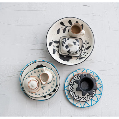Hand-Painted Stoneware Butter Dish with Floral Design